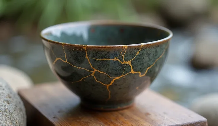 A handcrafted ceramic tea cup with kintsugi (golden cracks), embodying the philosophy of Wabi-Sabi—embracing imperfection and finding beauty in flaws.