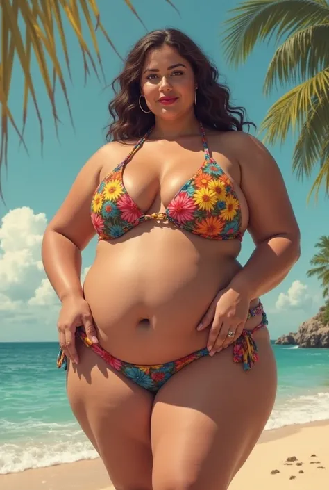 350 pounds girl with hanging belly and double chin and with bikini 