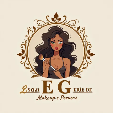 Logo in 2d on the white Beige wall, with the acronym EG, Name, Esmeralda Glamour ,Makeup e Perucas,   capital letters in gold , above the symbol of an African-American woman with long wavy hair holding a makeup brush,Around an elegant golden detail  