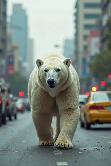 A polar bear walking through the streets of the city of Caracas