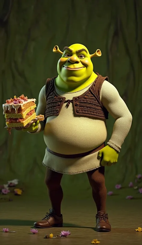 A Pixar-style 3D render of Shrek standing confidently on a dark green-to-brown gradient background. He holds a massive slice of onion-layered cake in one hand and a mug of swamp water in the other. Shrek’s green skin glows under cinematic lighting, with so...