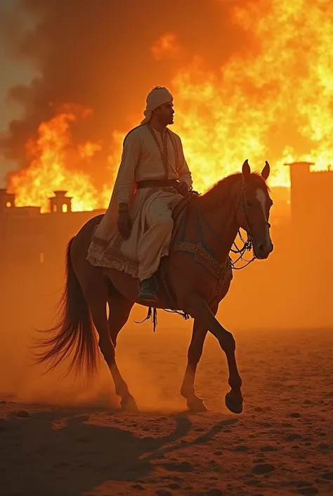 
Riding desperately through the desert, King Rajput king, Mahendra, dressed in royal Rajasthani attire, arrives near Mumal’s palace. reaches the palace, only to see the flames rising. He dismounts his horse, his face filled with shock and grief. The wind c...