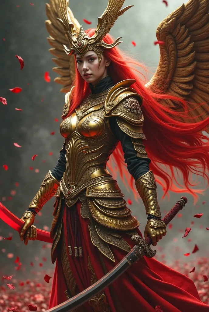 An imposing warrior in ornate golden armor, with a winged helmet and long flowing red hair. She holds a scarlet katana in a battle stance, radiating a crimson glow. Her metallic attire features floral details, symbolizing decadence and beauty. The backdrop...