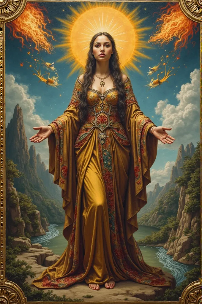 Renaissance oil painting on canvas, depicting an ascending Gypsy woman at the center, inspired by the World arcana of Marseille and Waite. The Gypsy has serene, determined features, wearing ornate and vibrant garments that evoke mysticism and elegance. In ...