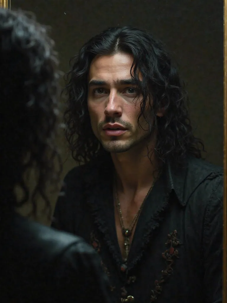 Handsome young man with somewhat long black hair and gray eyes his face is masculine and attractive .Her body is strong and attractive, she wears dark clothing from the 1700s, she looks in a mirror intently with a distressed face. 