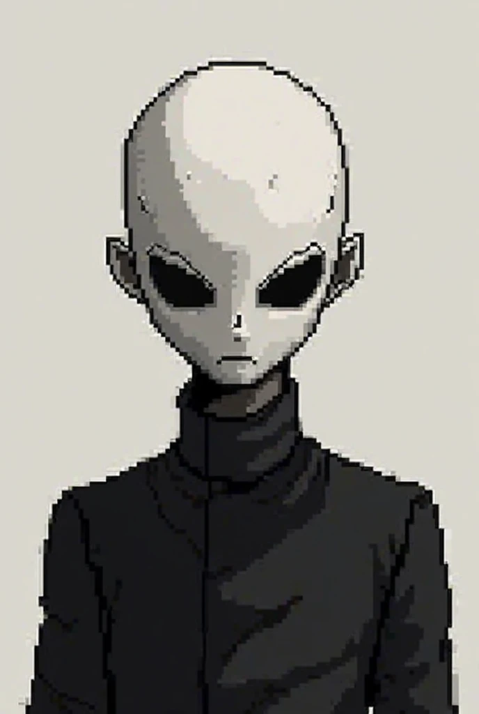 Bald character in black and white pixel art, with white outlines in 64x64 resolution 