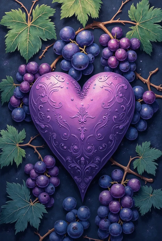 Create an album cover, that is a purple heart surrounded by neotribals or cybersigils, and in the background individual vine-colored grapes, with green and blue sparkles, besides that which is painting style 