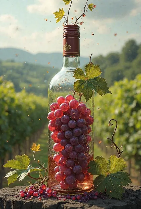 A bottle of wine turning into grapes 