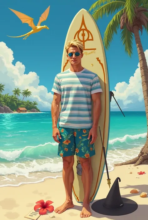 The scene depicts Harry Potter, now with blond and tan hair, on a sunny day at the beach. He&#39;s standing in the sand,  WITH BARE FEET, holding a surfboard decorated with magical motifs (like a stylized wand or the Deathly Hallows symbol). In the backgro...