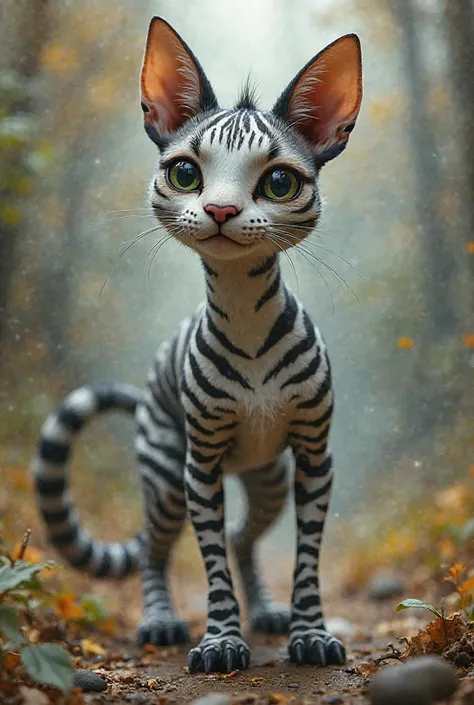 A CAT WITH THE HEAD OF A DOG WITH ZEBRA LEGS.