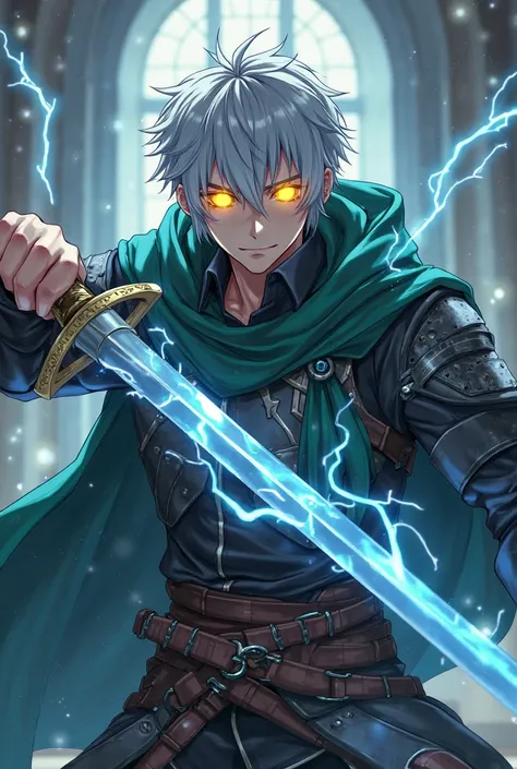 anime masterpiece, best quality, amazing quality, highly aesthetic, high resolution, latest, hyper-detailed, realistic, 1male, silver-haired male warrior, glowing yellow circular eyes conveying strength and intensity, dark green cloak, black shirt, brown l...