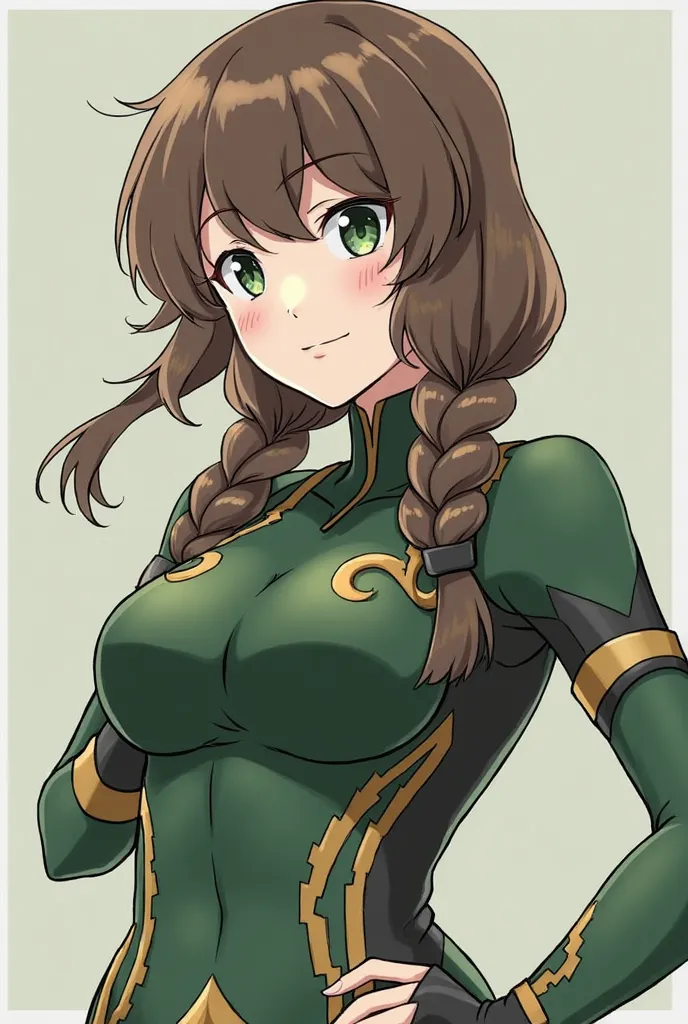 Make me like a character from My Hero Academia. -Big green eyes -pale skin -Very rosy cheeks -shy/scates appearance -moles -skin complexion -big breast

As for her hair:

a fringe -hair tied in TWO (2) low pigtails -wavy -long -brown Add her a hero costume...