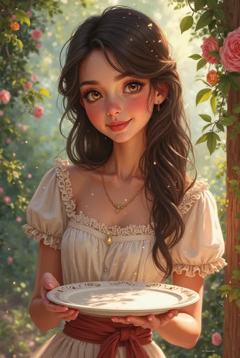 Create a 26-year-old female Disney character, dark brown straight hair holding a plate 