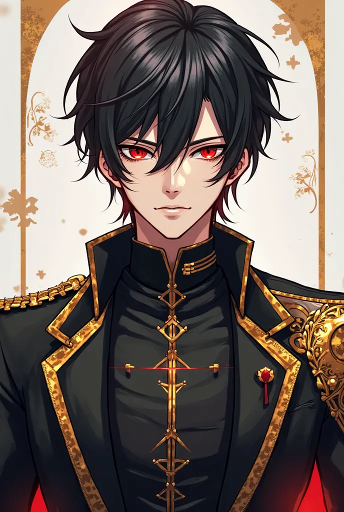 Man,  black hair, Stylish anime drawing, black and gold outfits, red eyes