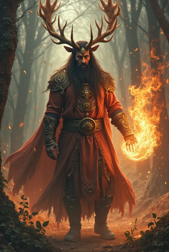   tall man, strong and handsome with long dark hair, short beard and deer antlers wearing Druid robes using fire magic