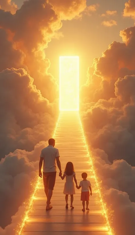 A family holding hands as they ascend a glowing staircase made of light, leading to a radiant golden gate in the clouds. The scene is filled with warmth and love, with soft rays of light illuminating their path. Highly detailed, emotional atmosphere.