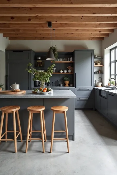 modern kitchen, light gray micro cement floor, dark gray furniture with black handles, island with gray top that continues to a table pass 6 wooden diners, wooden island stools.  In the background, display case with smoked glass. Gray fridge. All in two pl...