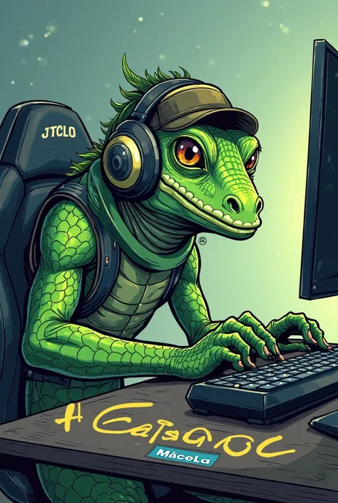 A green lizard with a headset, cap, holding a joystick, manga style, Below is a logo with the name Calango Brazil