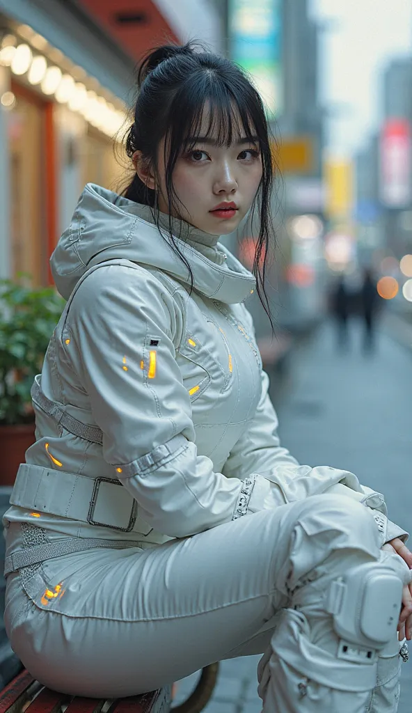 photo-realistic, ultra-realistic, very beautiful Japanese futuristic soldier, famous Japanese idol, dramatic scene, masterpiece, beautiful eyes, wearing white high heel roller skates , sitting on a bench on the street , (cyber punk glossy intricated white ...