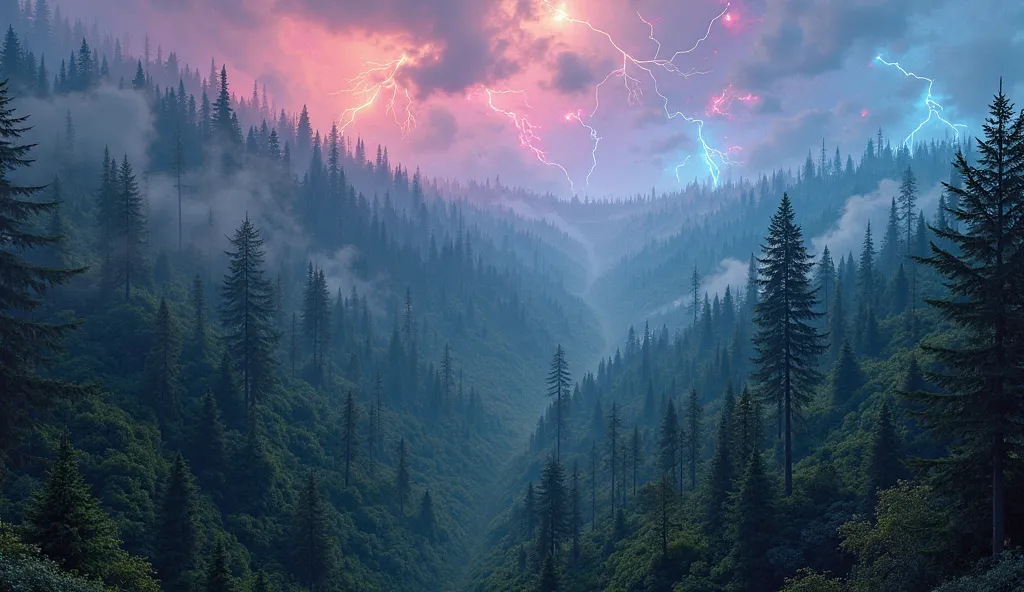 (photorealism:1.3), sky-level view of a huge magically enchanted forest with lots of magical nature and chaos, intriguing and twinkling, very high in the sky over-looking the large expanse, the distant forest is extremely varied and overgrown, there is neo...