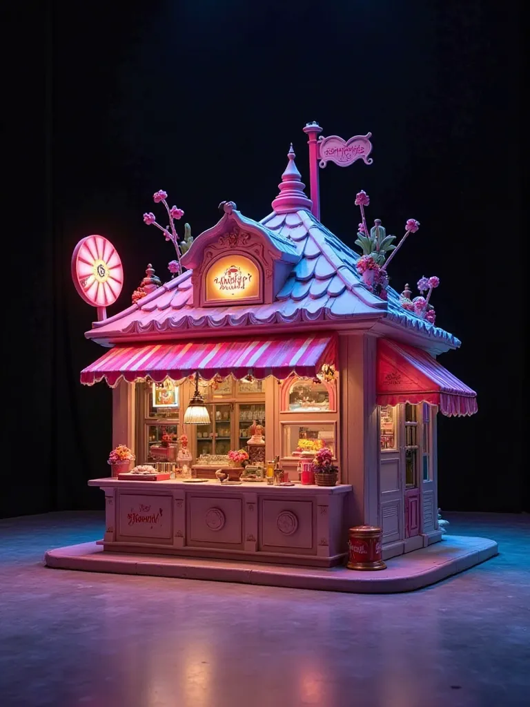 
A captivating and artistic full image of an exceptionally detailed theater prop, it is a beautiful structure simulating a fantasy candy shop, with neon signs, a colorful roof and beautiful details, The minimalist dark background and floor accentuates the ...