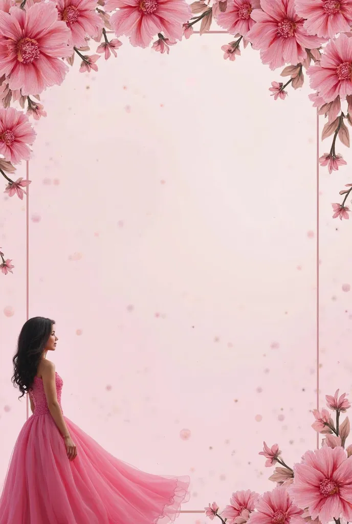 Generate me a background for a girl's prom invitation, let there be a woman in a pink dress, standing with her back in the lower left corner and pink flowers on the top of the invitation. Leave more space for text 