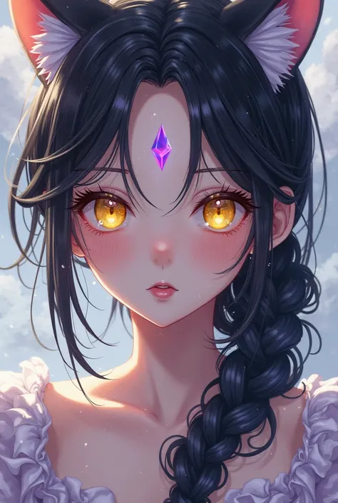 An anime girl without ears with a braided ponytail,black hair,feline yellow eyes and a small purple diamond on the forehead