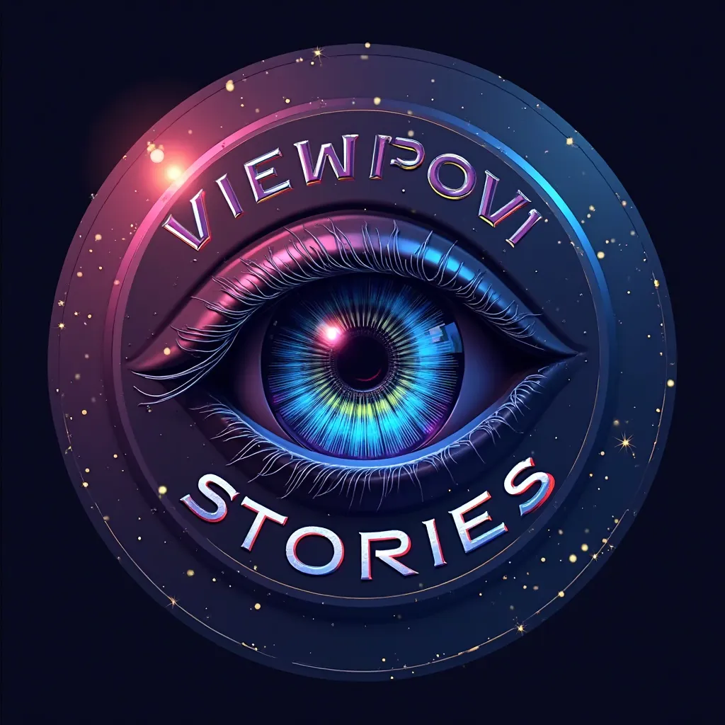 "Create a modern and minimalist round profile picture for social media with the name 'View Pov Stories'. Use a sleek gradient background blending dark purple and electric blue. In the center, feature a highly detailed, futuristic eye as the focal point, wi...