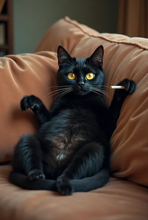 Draw a black cat lying on a couch with its belly up, smoking 