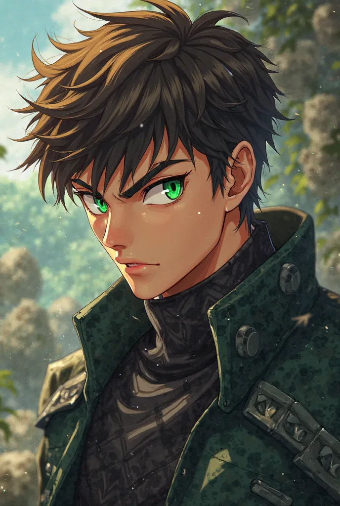 strong anime male with green eyes brown hair