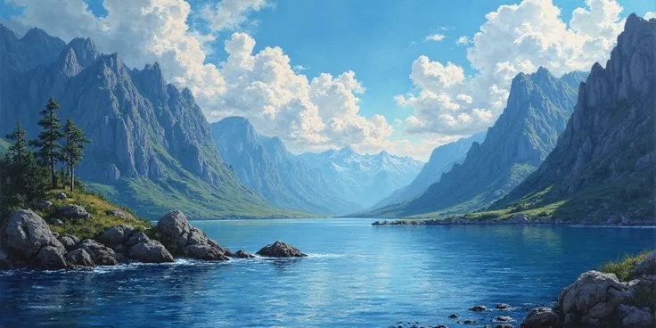 AN acrylic paintintg of a landscape with mountains and water runing from the left side of the mountains. Please make it more realistic making the sky better, and making the light of the sun pass through the clouds iluminating the landscape with more detail...