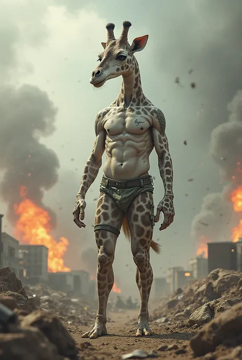 Make a mix of a shark and a giraffe that goes to war in underwear 