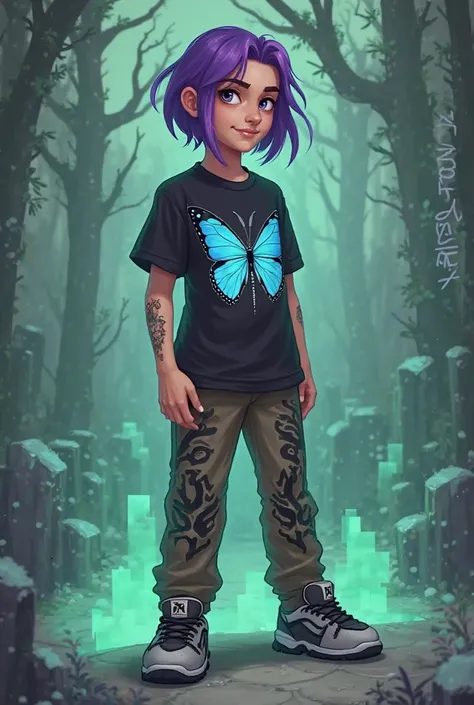 Create a 2D character style play 2, Who has purple hair, with a black t-shirt with a blue butterfly with gray, a dark brown pants with black cyberstealth designs, and black and gray sneakers. With graves around and green fog 