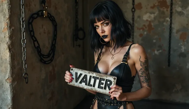 In a torture room, where chains, shackles, there are whips, A beautiful young European goth woman, with a black bob haircut, black lipstick, with plump lips, a large gold hoop earring, nose piercing, Face freckled , big brown eyes, has erotic tattoos on he...