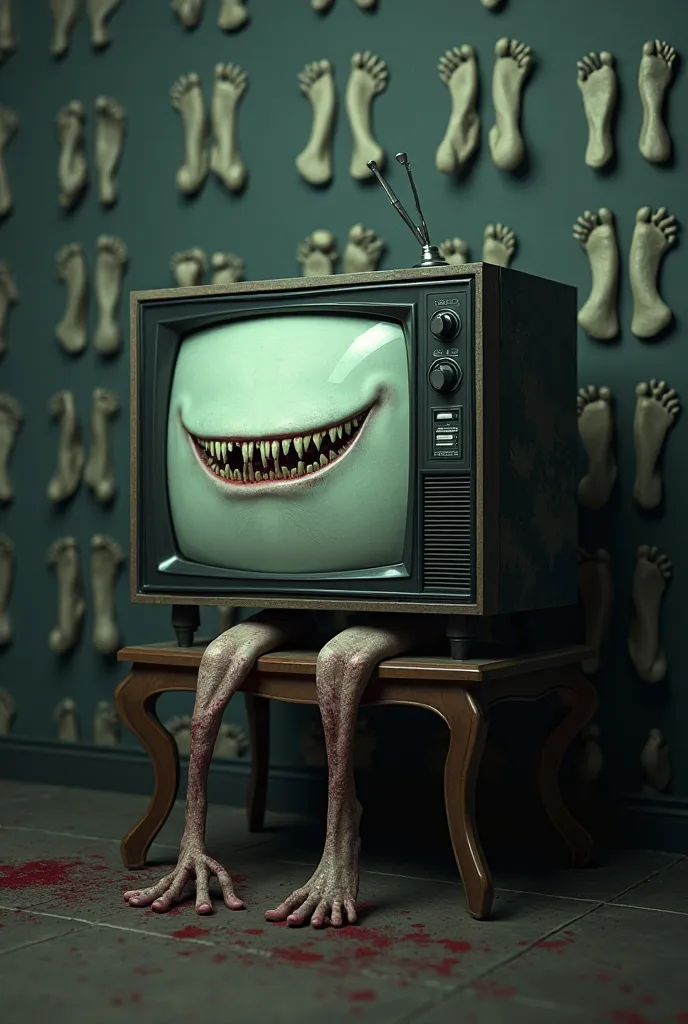 Generate a picture of a tv with human feet a scary smile and a creppy feet themed background