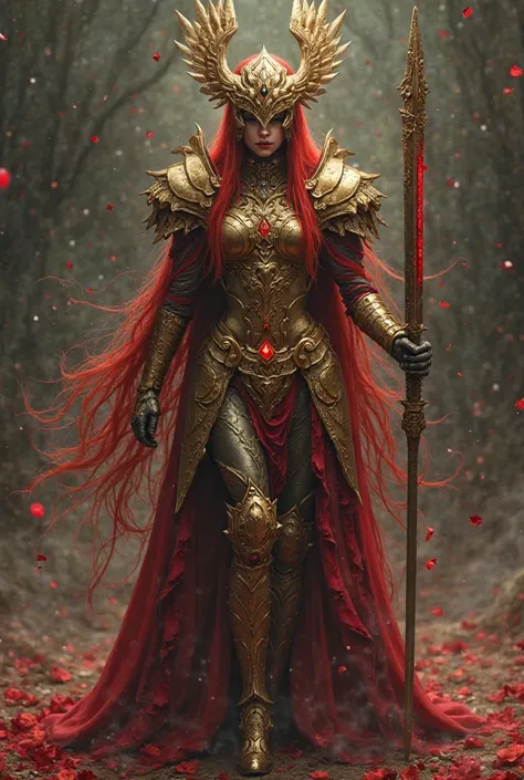 Malenia Elden Ring An imposing warrior in ornate golden armor, with a winged helmet covering her eyes and long flowing red hair. She holds a scarlet katana in a battle stance, radiating a crimson glow. Her metallic attire features floral details, symbolizi...