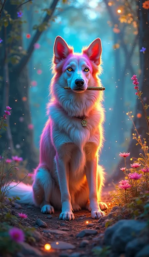 (enchanted mystical forest,mythical dog,rainbow skin, glowing eyes,wise and intelligent,holding golden pen in its mouth, crystalline trees ,soft and bright light,holographic aura,five-colored flowers,gently shaking ,graceful fairies, dancing in the air ,re...