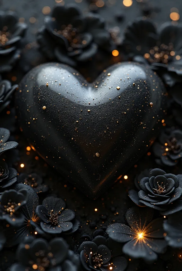 An all-black heart with just a few touches of gold, in 3D, With black roses around