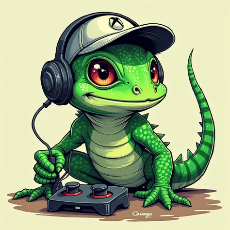 A green lizard with a headset, Xbox cap, holding an Xbox joystick,  Manga Style , Below is a logo with the name Calango Brazil