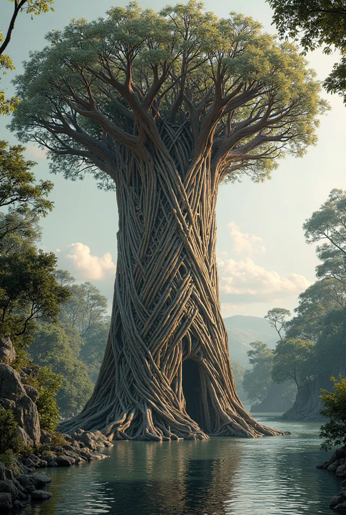 Pillar tree by river woven branches creating a woven basket amongst the branches like a flax kete