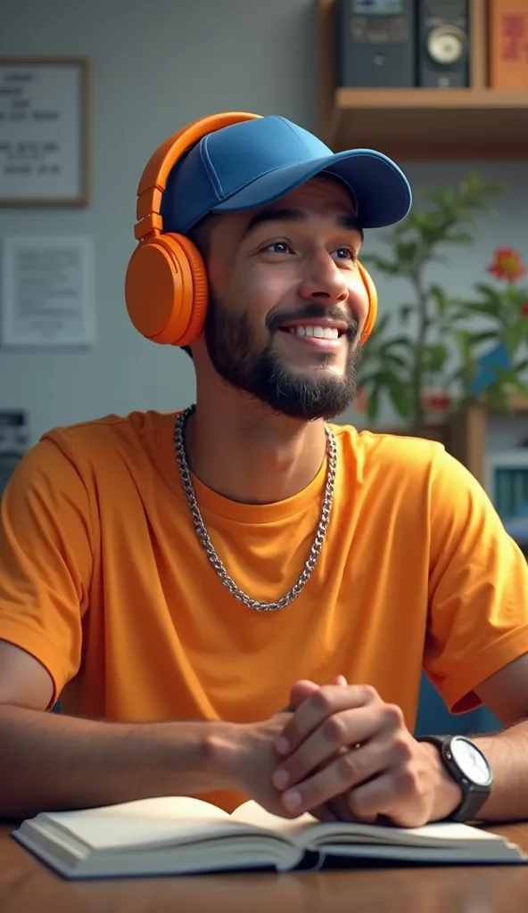 generate a man with orange t shirt and dar blue cap man is smiling and having an orange headphones in animation put beard for him also add his body to your generation he should also have a book that SHENOBOOK is wrote  on it, he is also smiling softly gene...