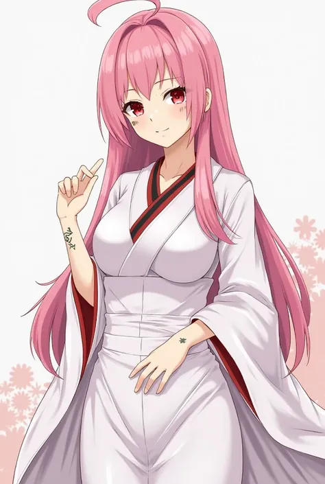 SukunaFem, 1girl, long hair, pink hair, red eyes, tattoo, facial marks, white kimono, large breasts, large ass, Rubor, 