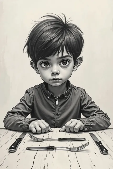 boy sitting at a table with a knife and fork in front of him, a picture by Zahari Zograf, instagram, hyperrealism, riyahd cassiem, ismail, reyyan,  drawing, enes dirig, ,  drawing, drawing sketches on his notebook, mateus 9 5, boy with neutral face, asher ...