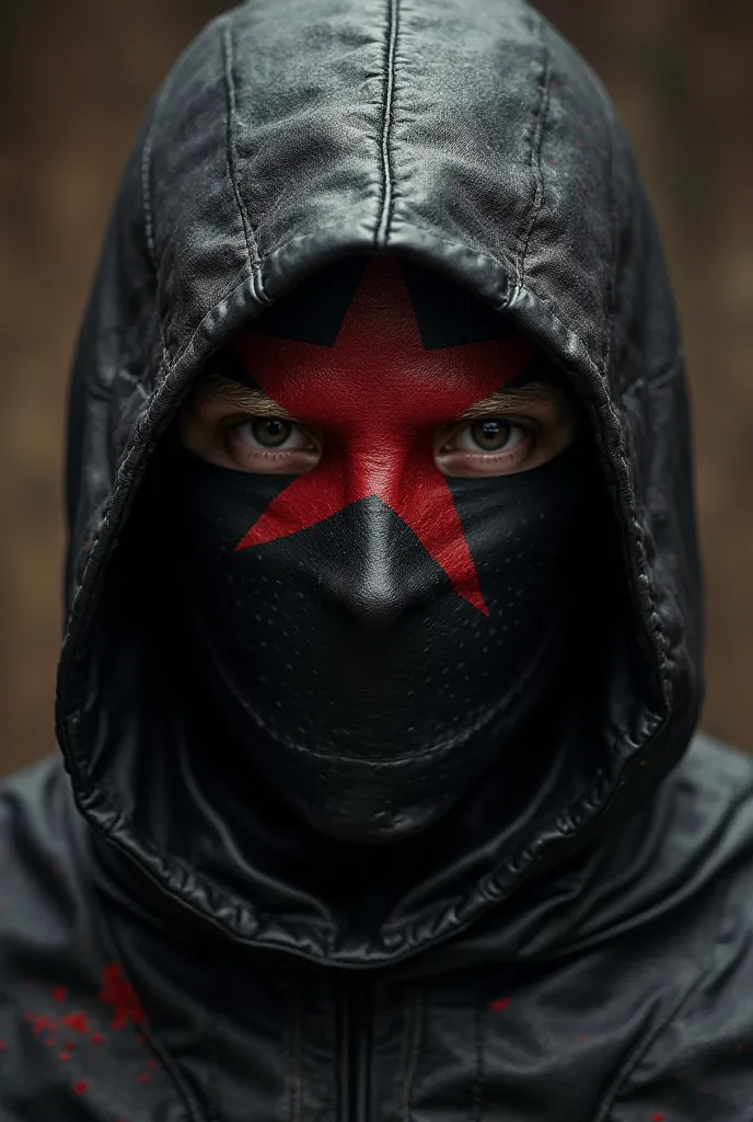 Half mask fighter mask, that reveals both eyes and covers the black leather mouth, made of black leather with a red star in the center of the face