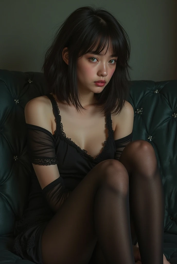  black stockings, girl with medium length hair just below her shoulders, green eyes 