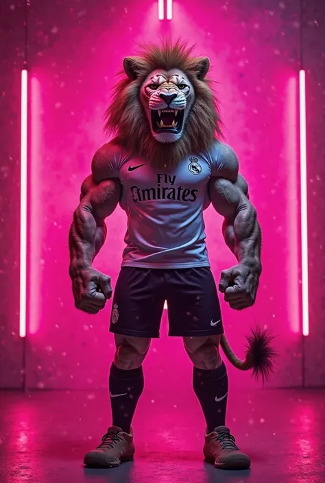 A powerful lion mascot of a football team, standing with a dominant and imposing pose. The lion wears a team jersey featuring an emblem inspired by Real Madrid, black shorts, and black knee-high socks. His face shows an intense and angry expression, full o...