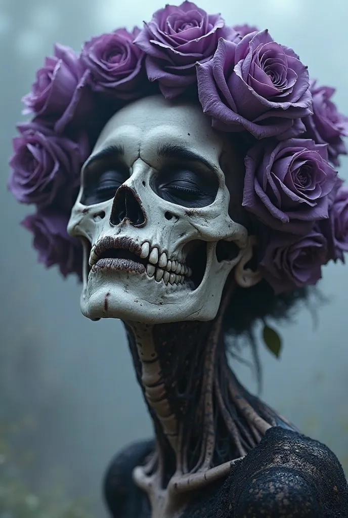 Half woman half skull with purple roses