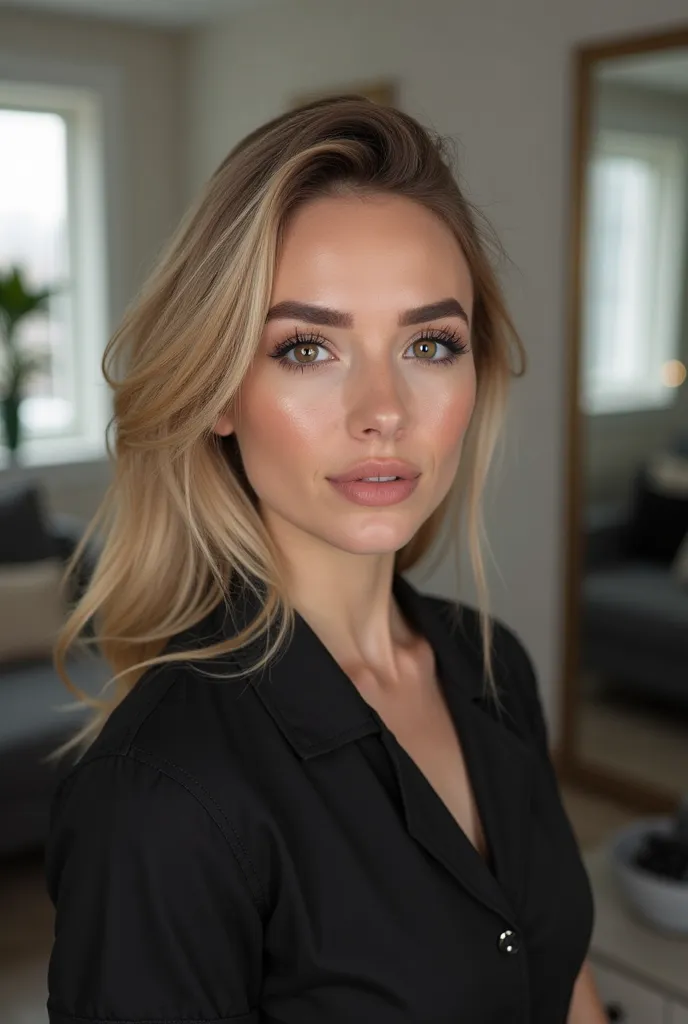 Professional photo session for a permanent makeup artist.  Age 23 years .  narrow eyes, brown.  Eyebrows are thin , Light brown , straight eyebrows without corners.  blond hair, dark roots, hair below the shoulder,  fair skin, oval face type, глаза brown. ...