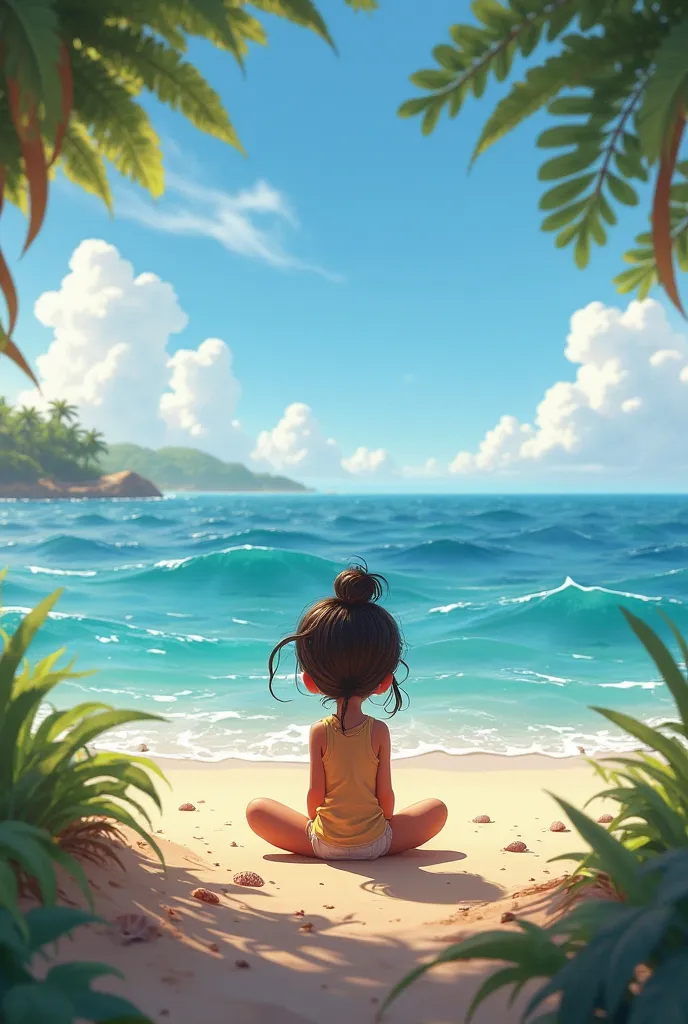 a girl sitting infront of the ocean Pixar animation 