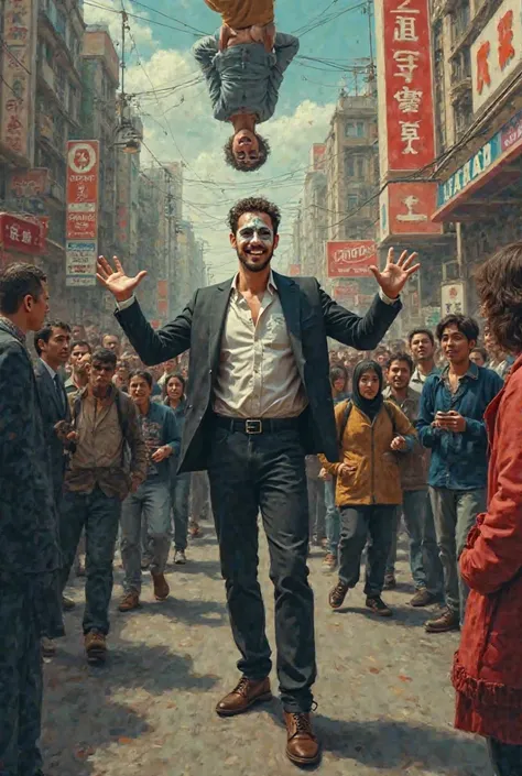 A man wearing wildcard makeup is smiling with open arms and a crowd walking in the opposite direction and a woman is turned upside down and the man is smiling and looking at him 